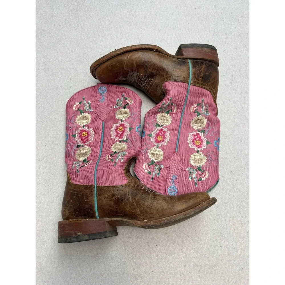 Macie Bean Western Boots Girls Size 4 Pink Floral Embroidered Leather Cowgirl